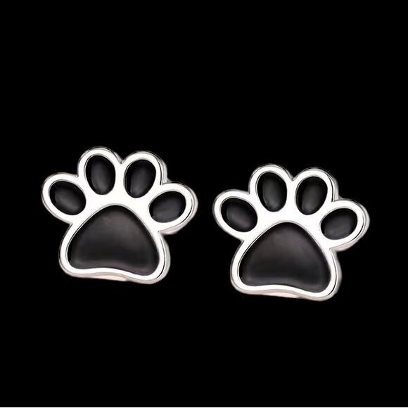 Silver Paw Print Stud Earrings - Picture 2 of 4